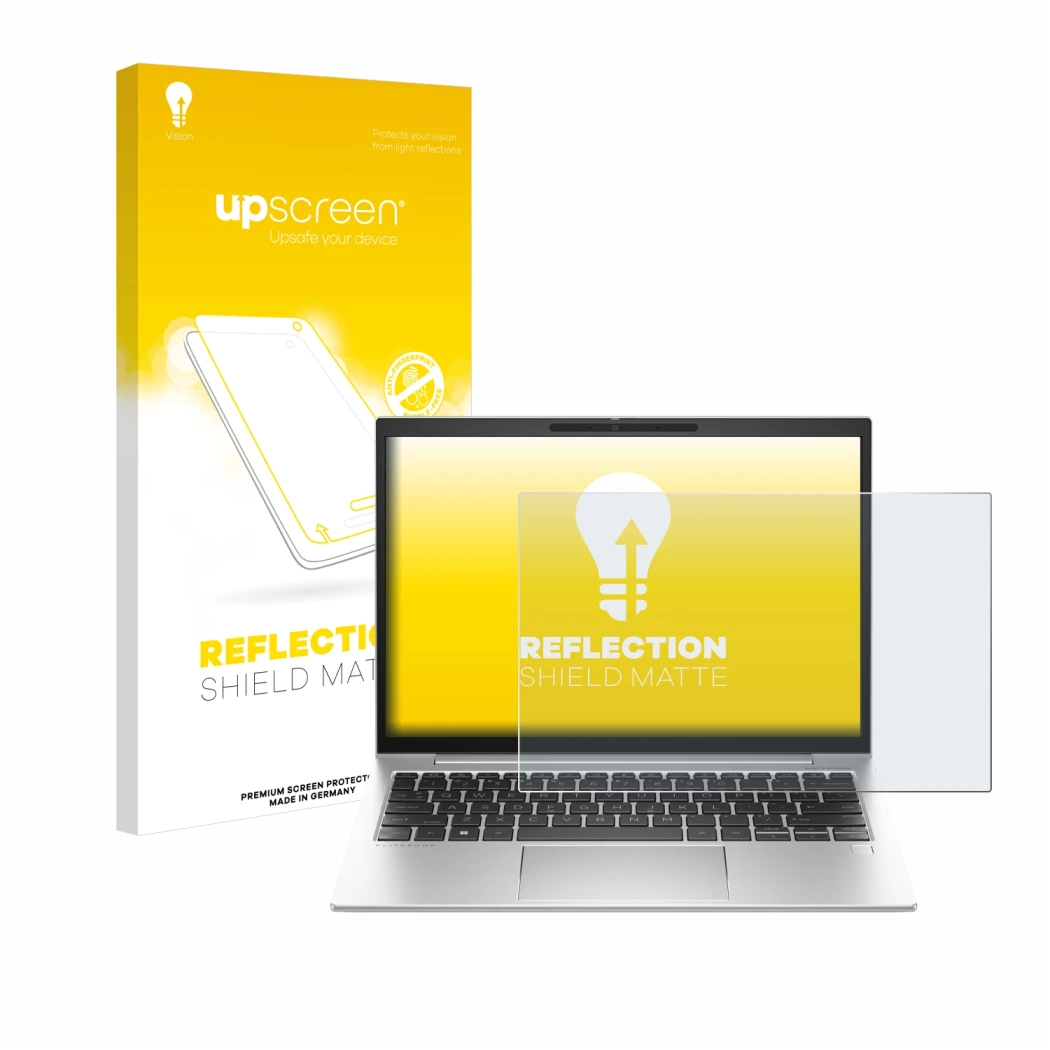 Parte frontal de un envase de producto con el logotipo de la marca upscreen. Al lado se muestra el dispositivo HP EliteBook 83