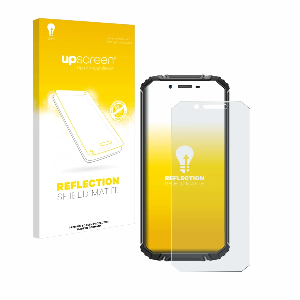 Parte frontal de un envase de producto con el logotipo de la marca upscreen. Al lado se muestra el dispositivo Oukitel WP18 co