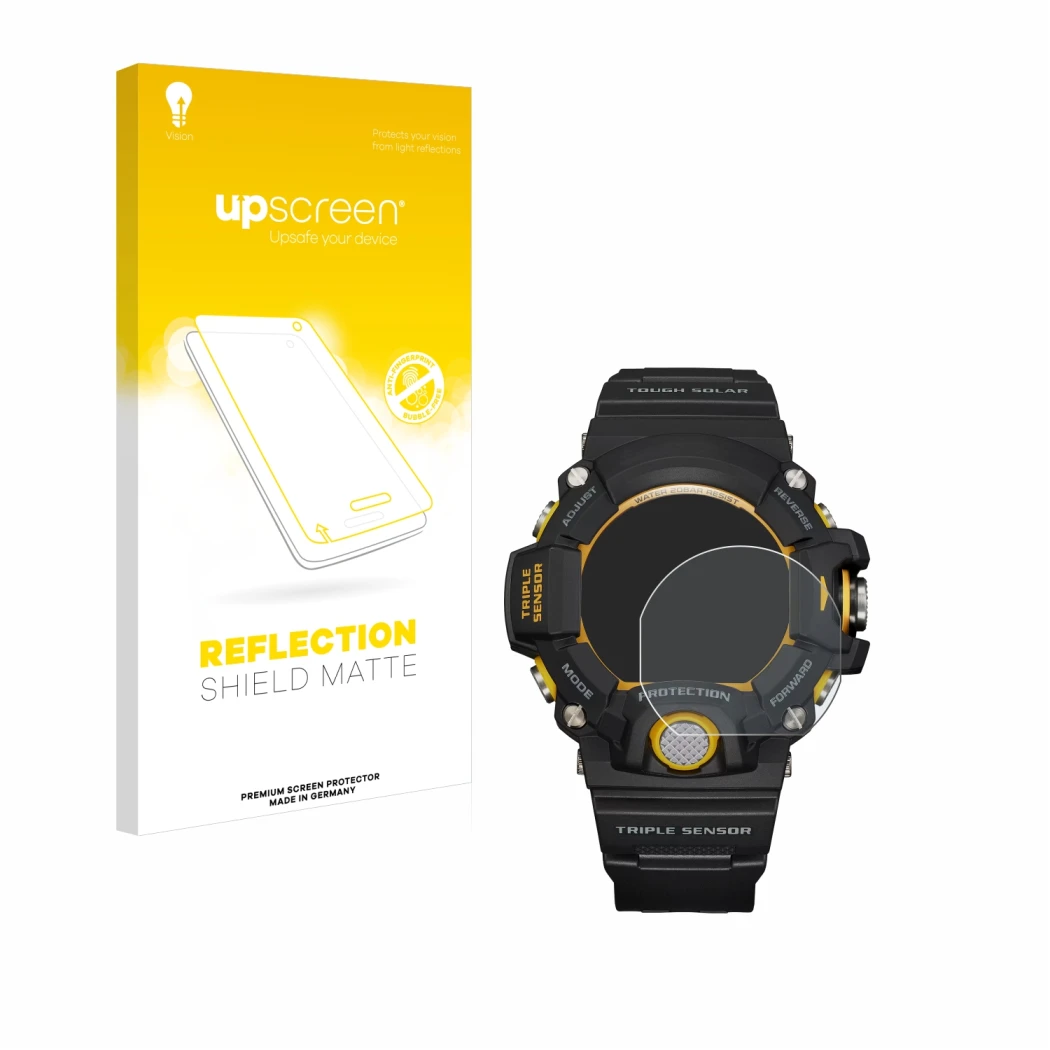 Parte frontal de un envase de producto con el logotipo de la marca upscreen. Al lado se muestra el dispositivo Casio G-Shock G