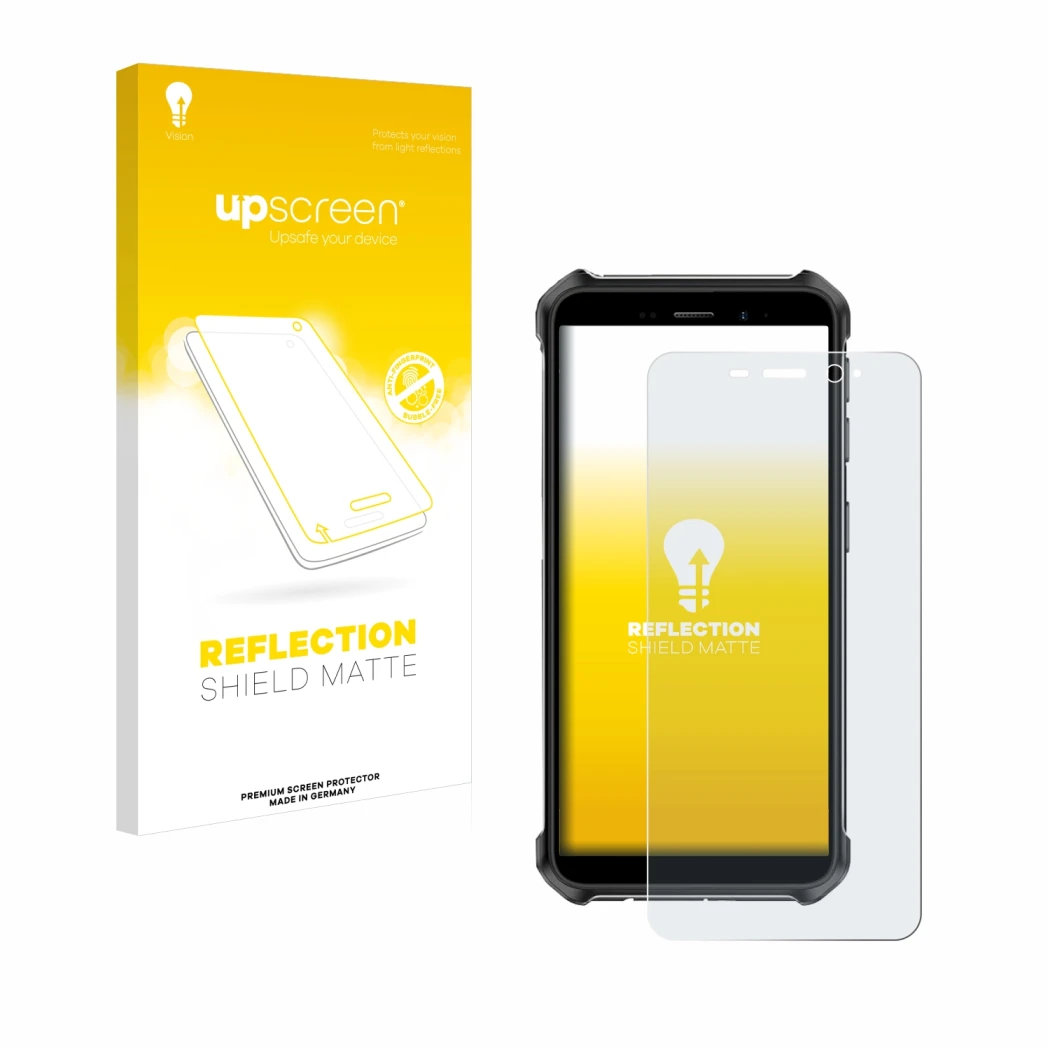 Parte frontal de un envase de producto con el logotipo de la marca upscreen. Al lado se muestra el dispositivo Ulefone Armor X