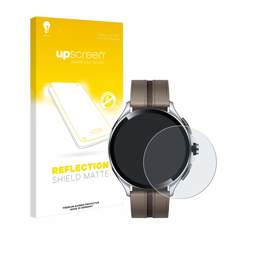 Parte frontal de un envase de producto con el logotipo de la marca upscreen. Al lado se muestra el dispositivo Xiaomi Watch 2 