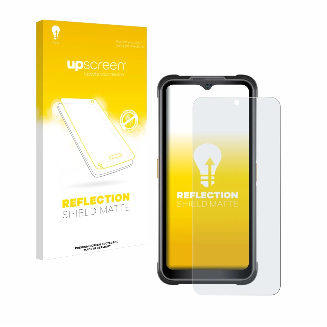 Parte frontal de un envase de producto con el logotipo de la marca upscreen. Al lado se muestra el dispositivo AGM G2 Guardian