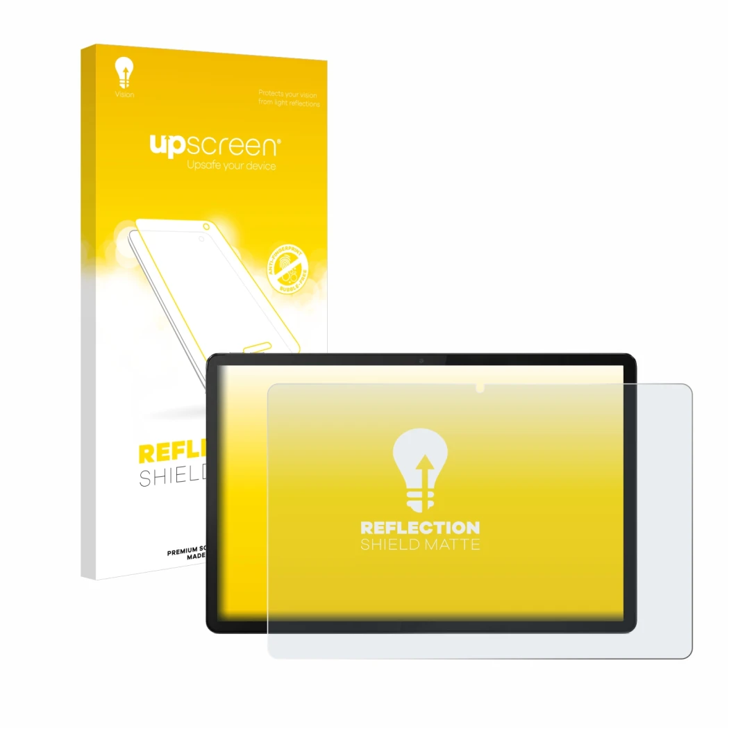 Parte frontal de un envase de producto con el logotipo de la marca upscreen. Al lado se muestra el dispositivo Lenovo Tab P12 