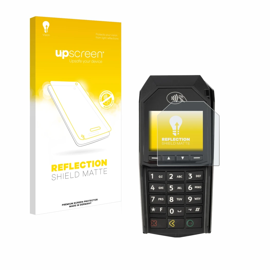 Parte frontal de un envase de producto con el logotipo de la marca upscreen. Al lado se muestra el dispositivo ingenico Lane/3