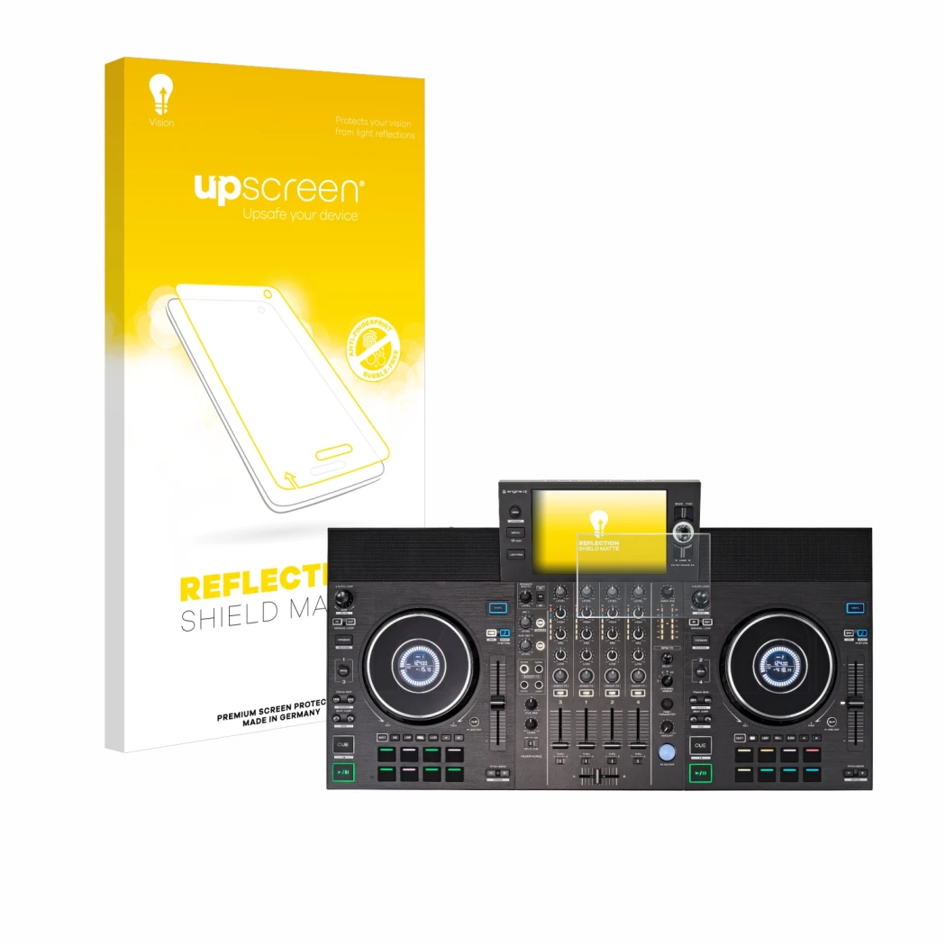 Parte frontal de un envase de producto con el logotipo de la marca upscreen. Al lado se muestra el dispositivo Denon DJ SC LIV