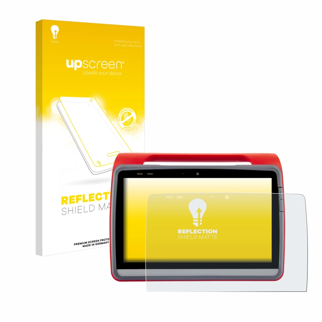 Parte frontal de un envase de producto con el logotipo de la marca upscreen. Al lado se muestra el dispositivo medDV NIDApad c