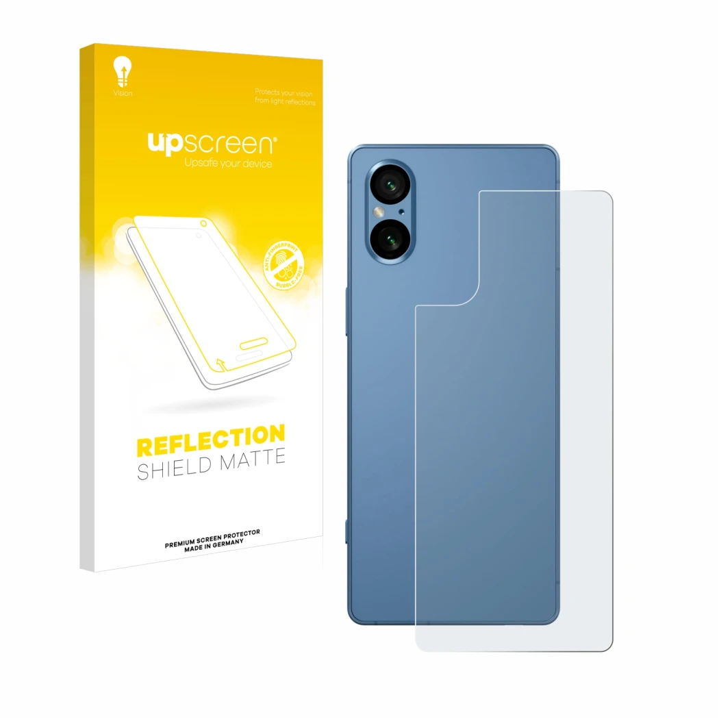 Parte frontal de un envase de producto con el logotipo de la marca upscreen. Al lado se muestra el dispositivo Sony Xperia 5 V