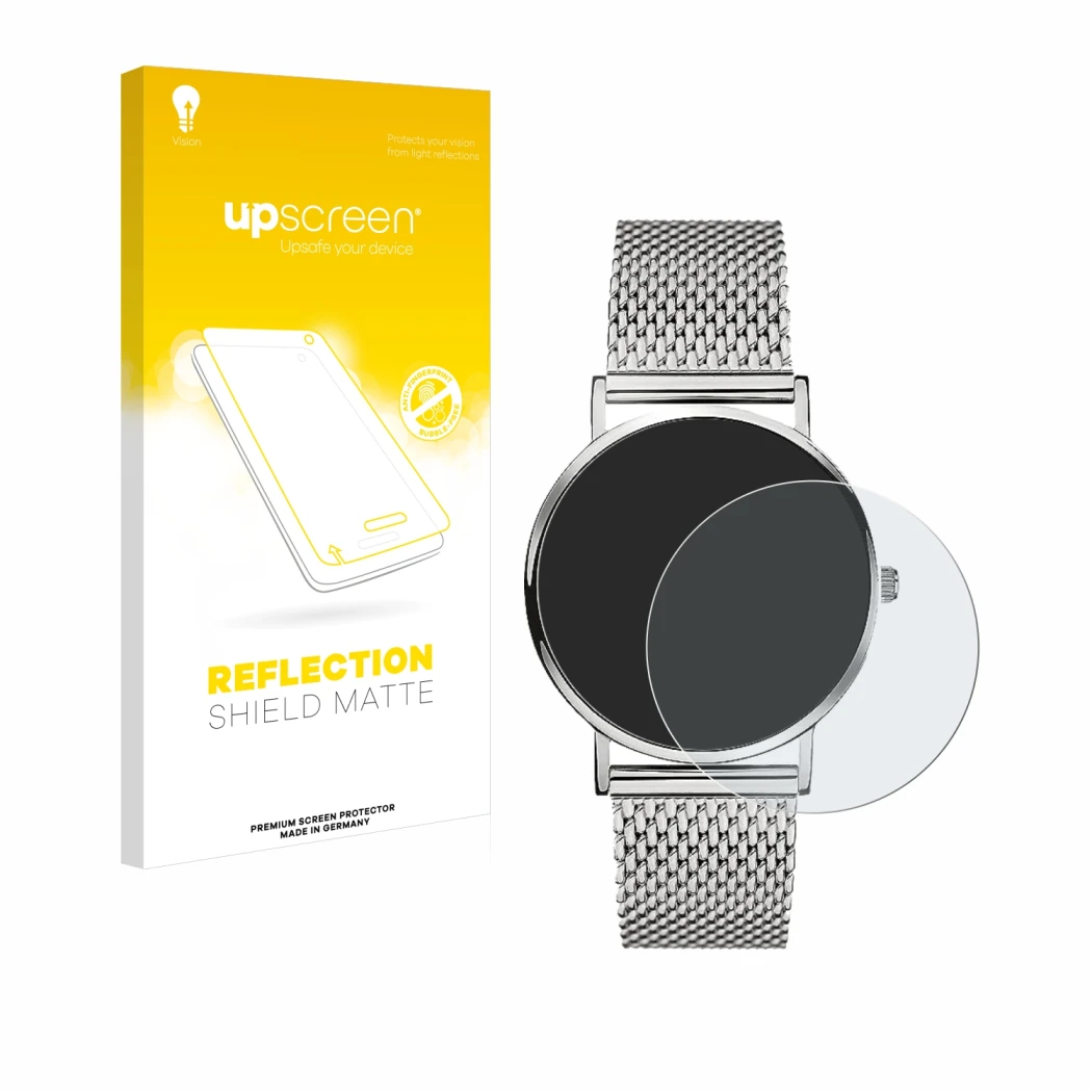 Parte frontal de un envase de producto con el logotipo de la marca upscreen. Al lado se muestra el dispositivo Liebeskind New 