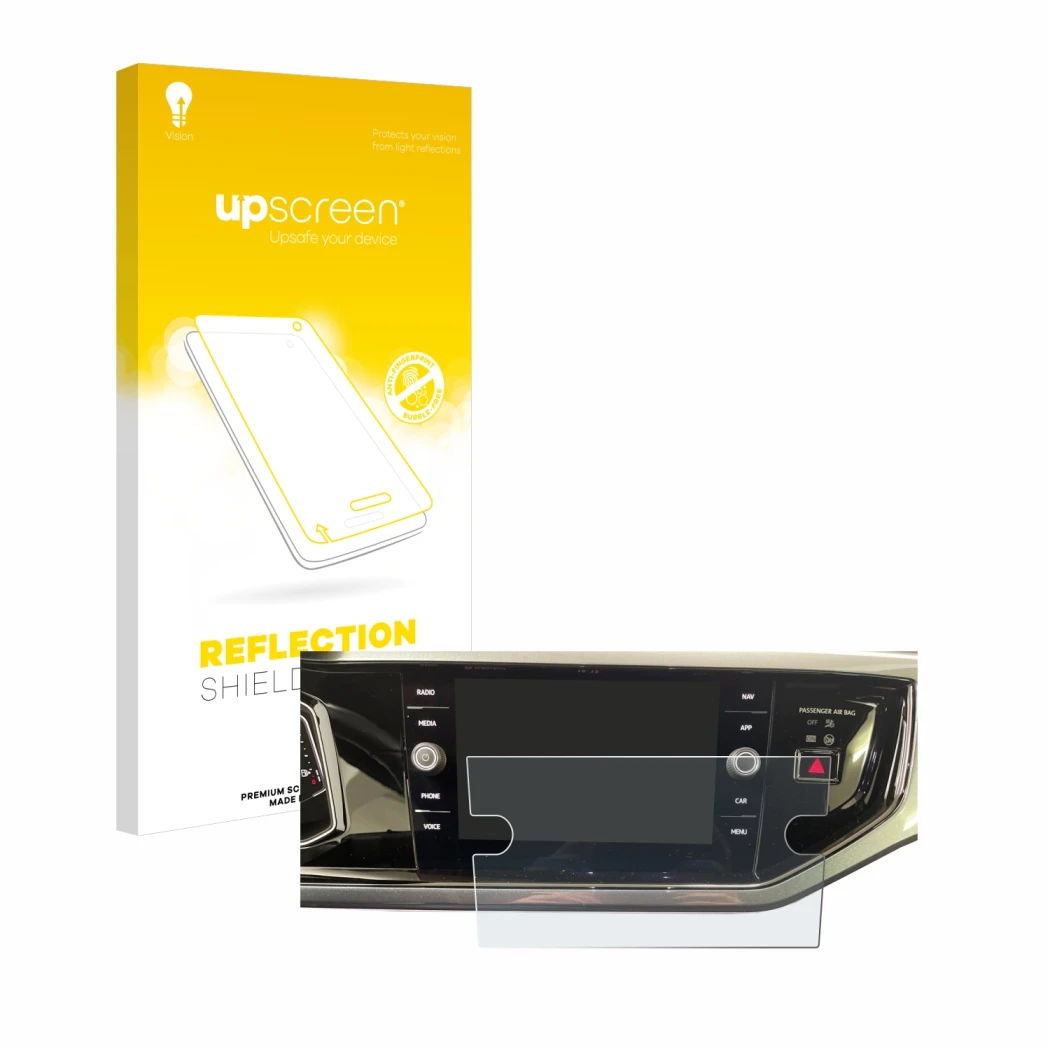 Parte frontal de un envase de producto con el logotipo de la marca upscreen. Al lado se muestra el dispositivo Volkswagen Polo