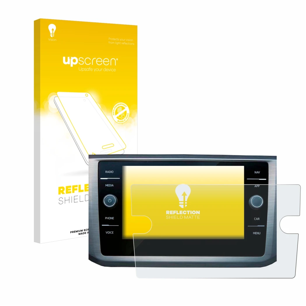 Parte frontal de un envase de producto con el logotipo de la marca upscreen. Al lado se muestra el dispositivo Volkswagen Pass