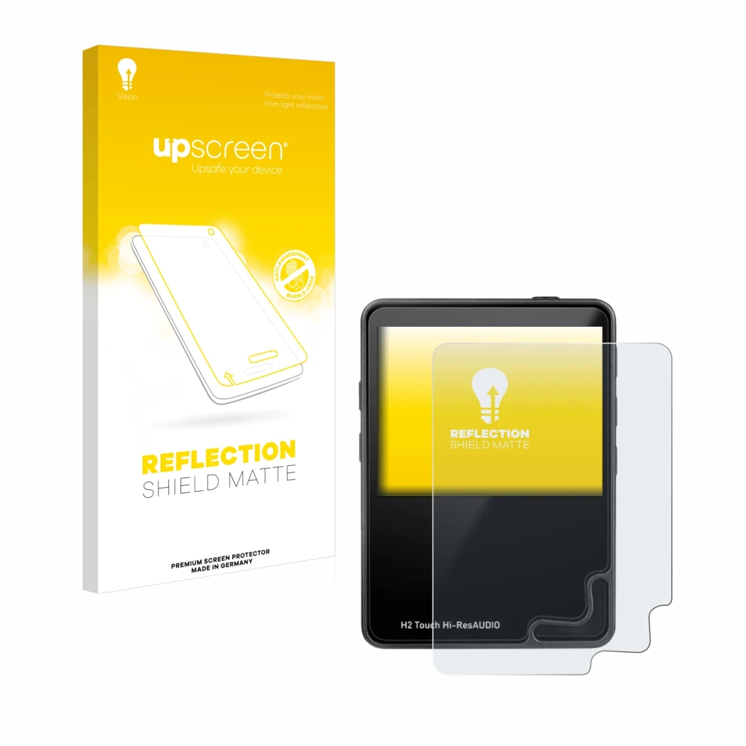 Parte frontal de un envase de producto con el logotipo de la marca upscreen. Al lado se muestra el dispositivo HifiWalker H2 t
