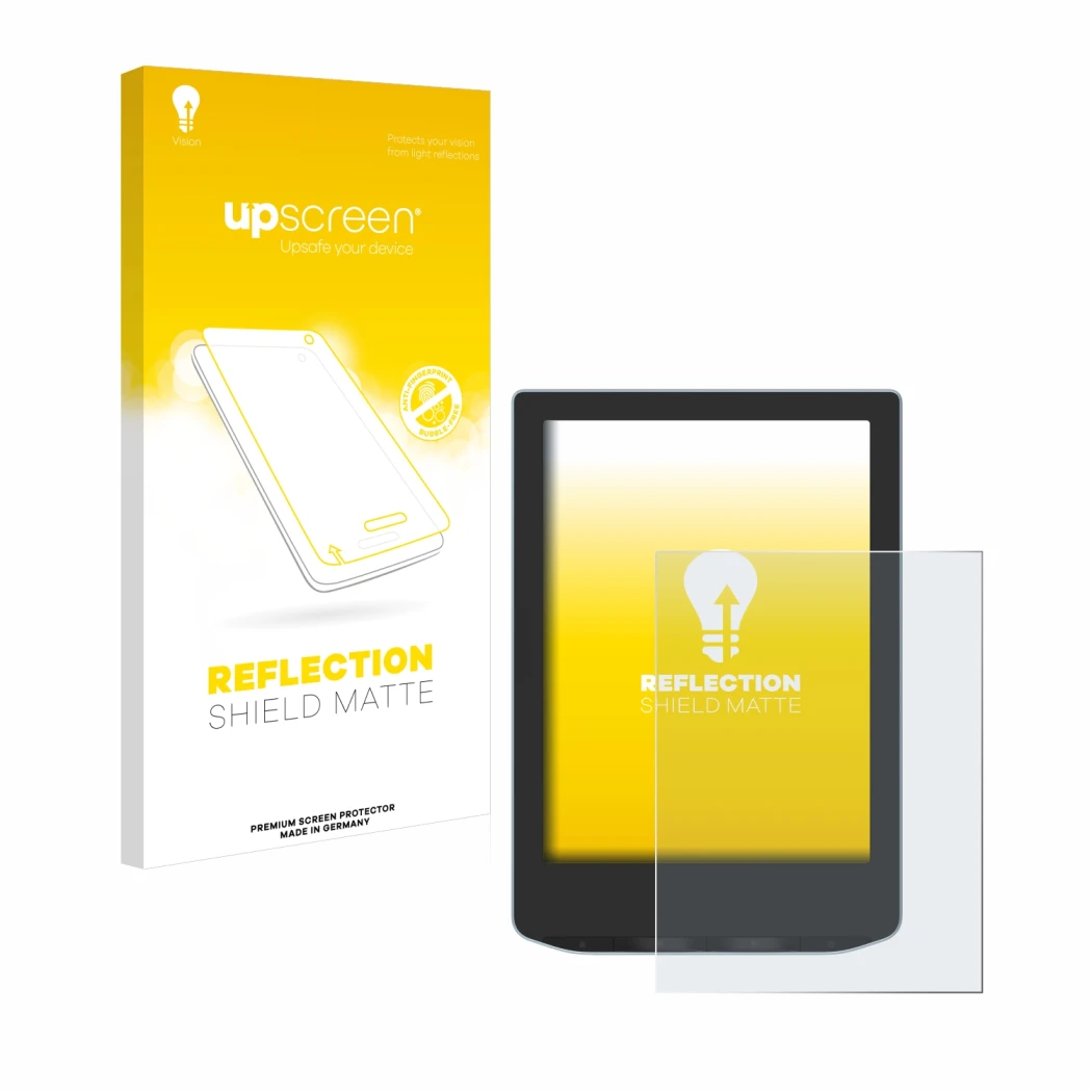 Parte frontal de un envase de producto con el logotipo de la marca upscreen. Al lado se muestra el dispositivo PocketBook Vers