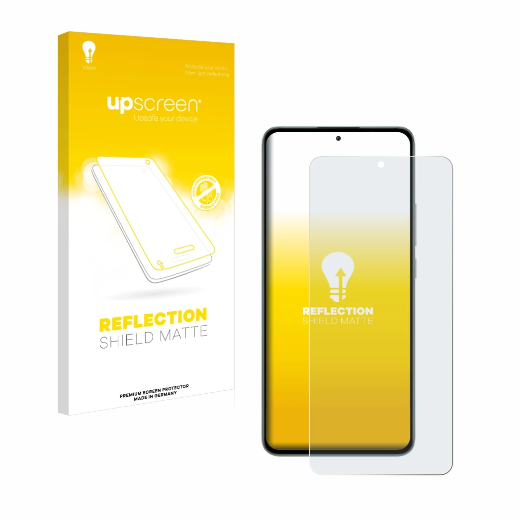 Parte frontal de un envase de producto con el logotipo de la marca upscreen. Al lado se muestra el dispositivo Xiaomi 13T Pro