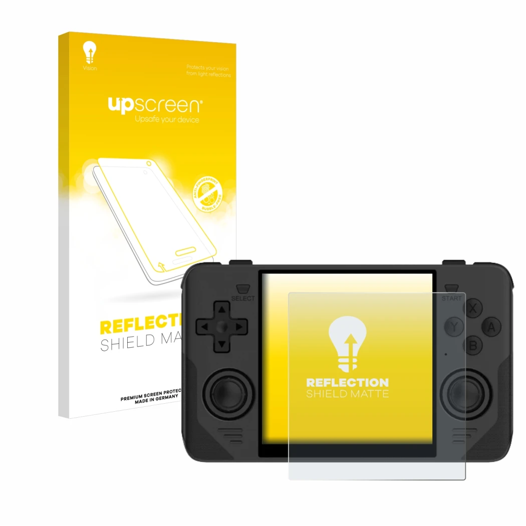 Parte frontal de un envase de producto con el logotipo de la marca upscreen. Al lado se muestra el dispositivo Powkiddy RGB30