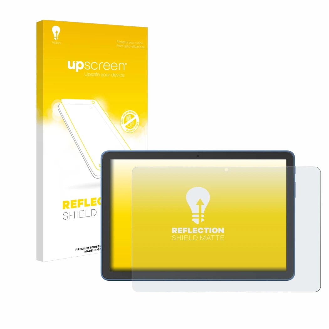 Parte frontal de un envase de producto con el logotipo de la marca upscreen. Al lado se muestra el dispositivo Amazon Fire HD