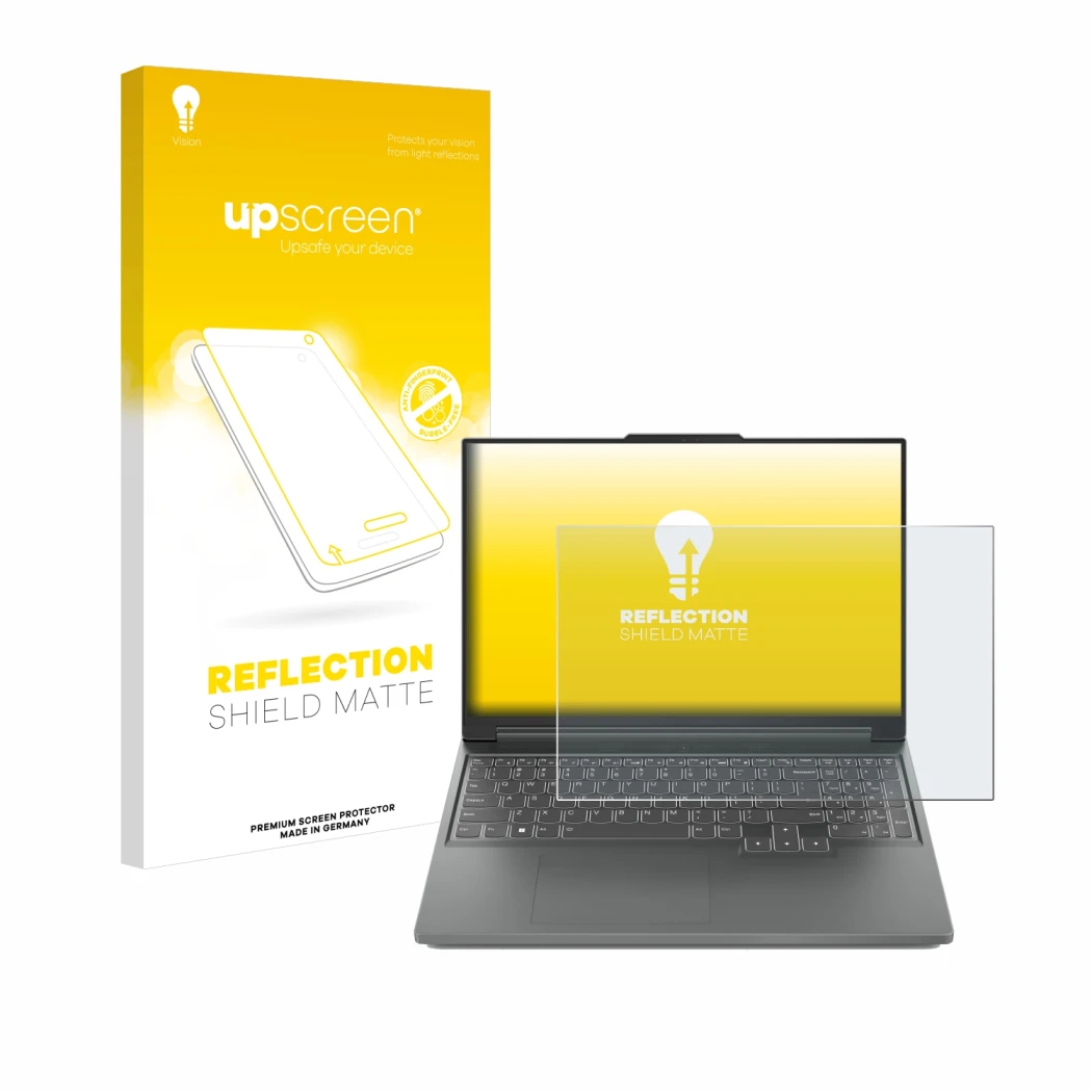 Parte frontal de un envase de producto con el logotipo de la marca upscreen. Al lado se muestra el dispositivo Lenovo Legion S