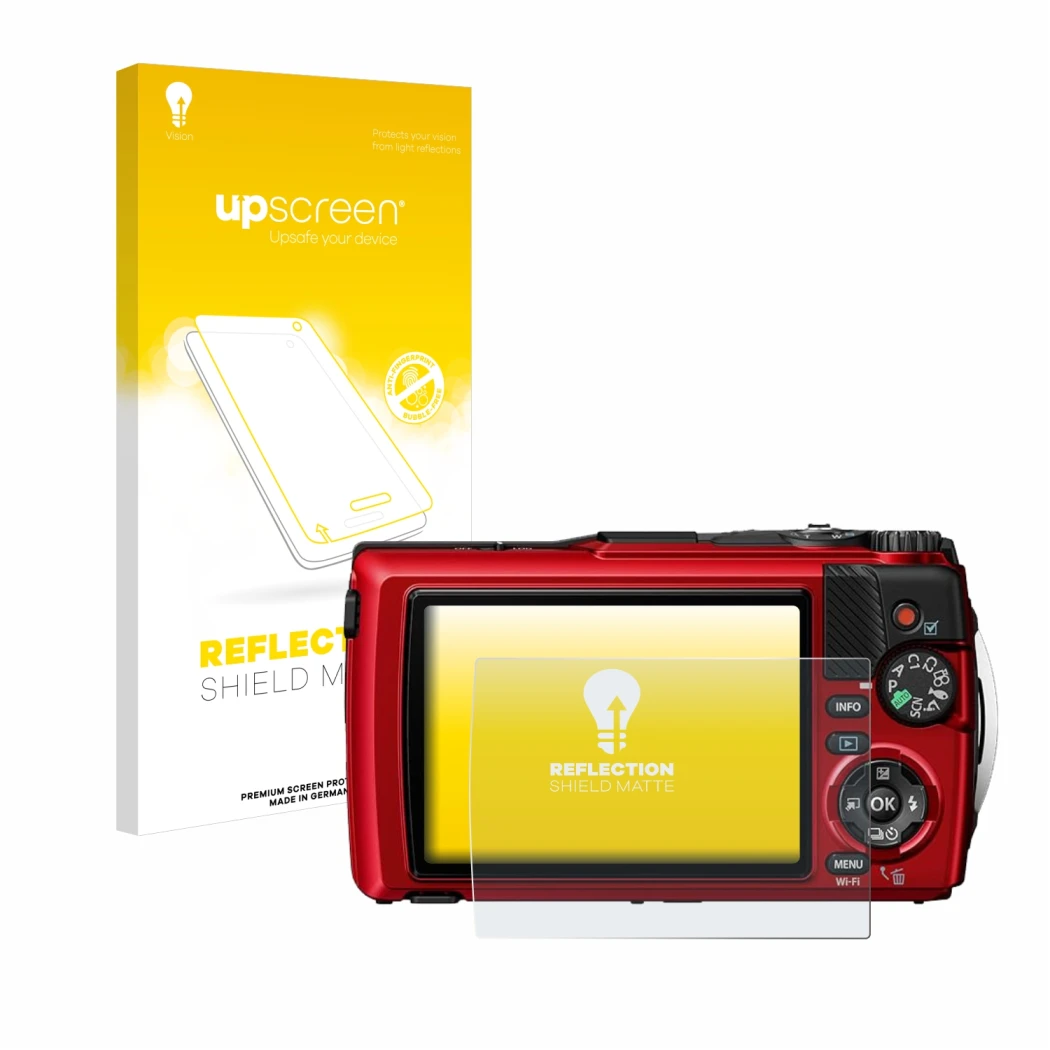 Parte frontal de un envase de producto con el logotipo de la marca upscreen. Al lado se muestra el dispositivo Olympus OM Syst