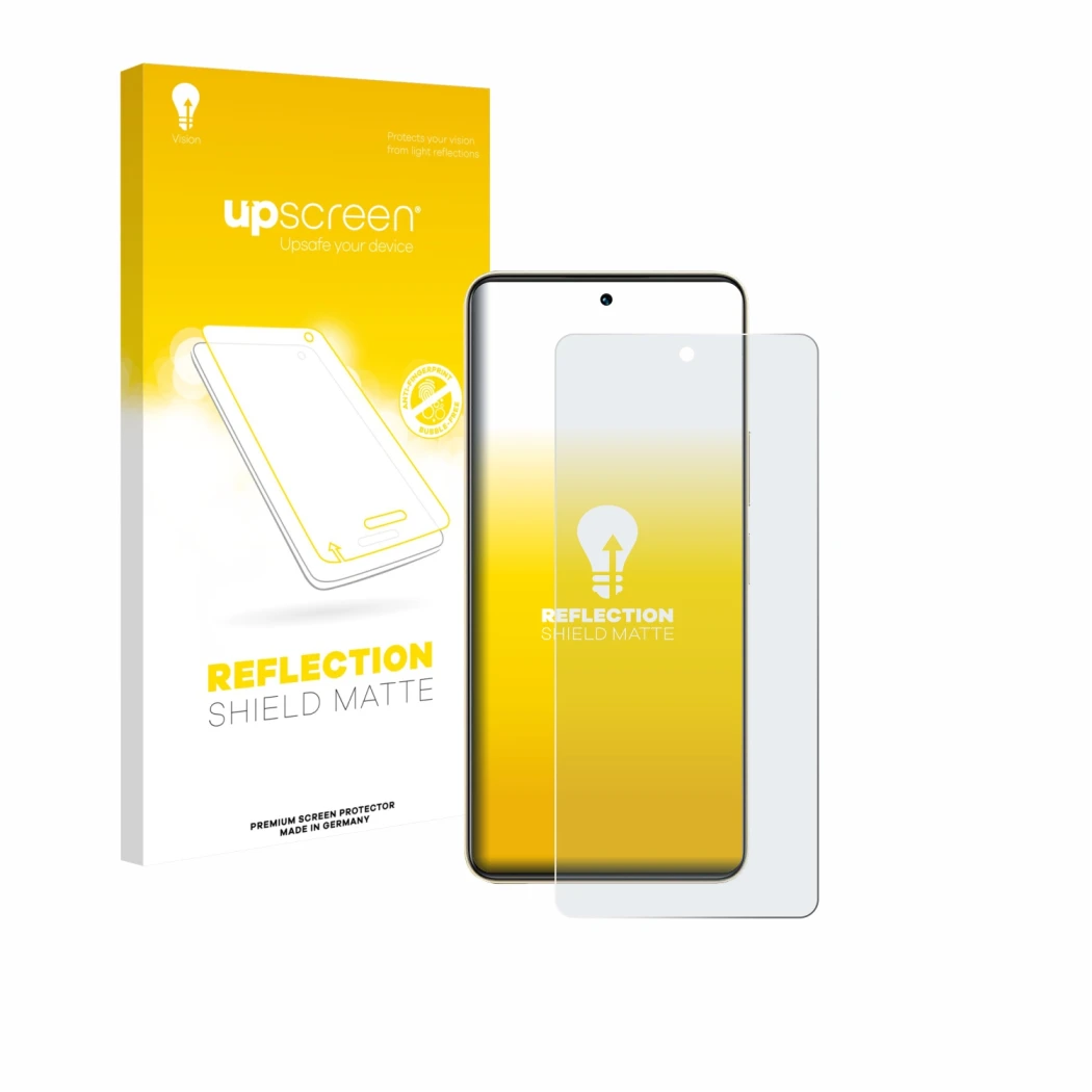Parte frontal de un envase de producto con el logotipo de la marca upscreen. Al lado se muestra el dispositivo Vivo Y36 con su
