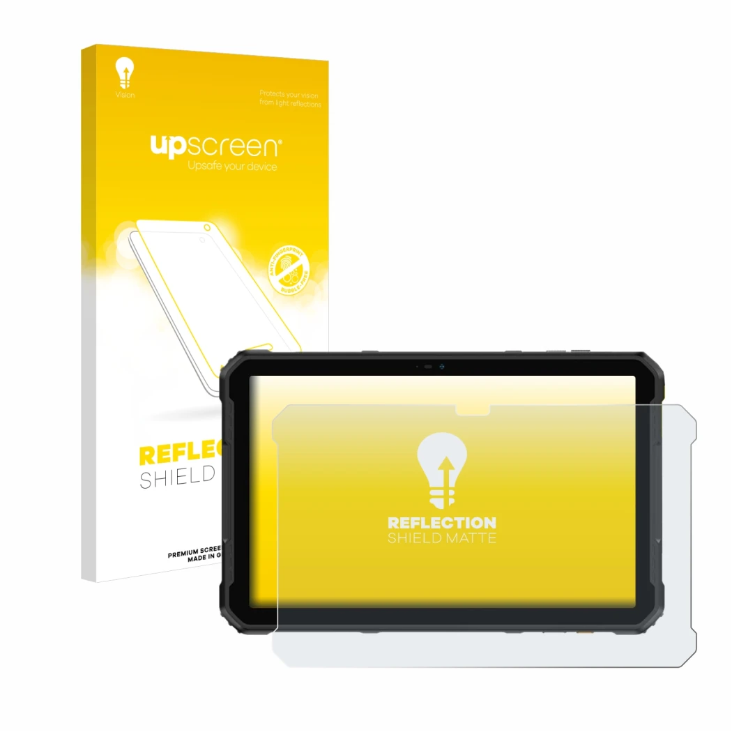 Parte frontal de un envase de producto con el logotipo de la marca upscreen. Al lado se muestra el dispositivo Ulefone Armor P