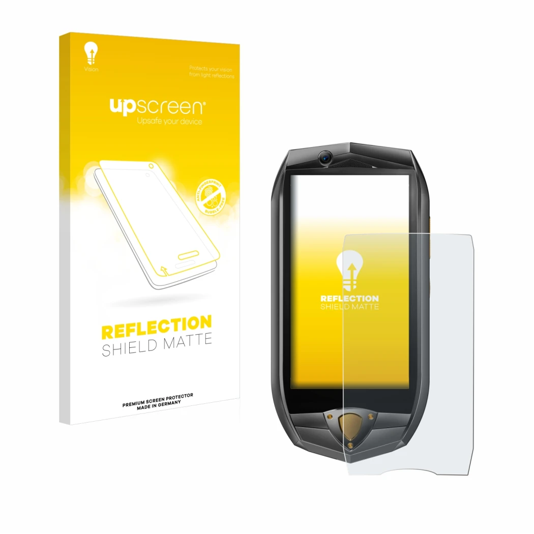 Parte frontal de un envase de producto con el logotipo de la marca upscreen. Al lado se muestra el dispositivo Oukitel K16 con