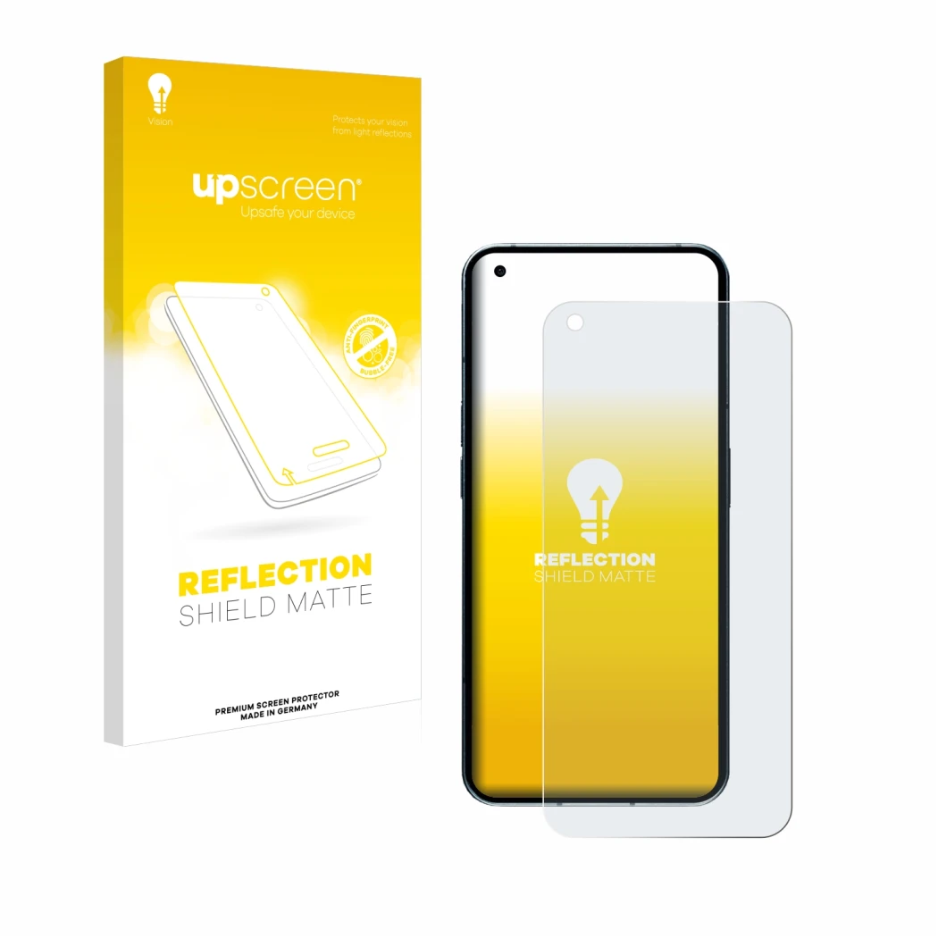 Parte frontal de un envase de producto con el logotipo de la marca upscreen. Al lado se muestra el dispositivo Nothing Phone (