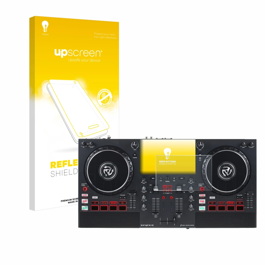 Parte frontal de un envase de producto con el logotipo de la marca upscreen. Al lado se muestra el dispositivo Numark Mixstrea