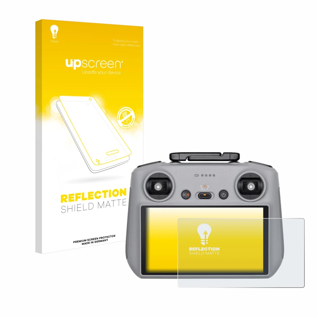 Parte frontal de un envase de producto con el logotipo de la marca upscreen. Al lado se muestra el dispositivo DJI RC 2 con su
