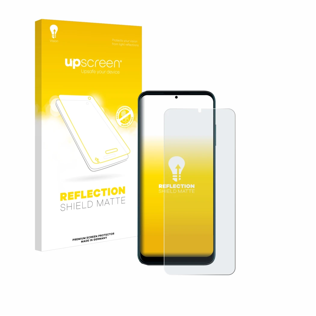 Parte frontal de un envase de producto con el logotipo de la marca upscreen. Al lado se muestra el dispositivo Telekom T Phone