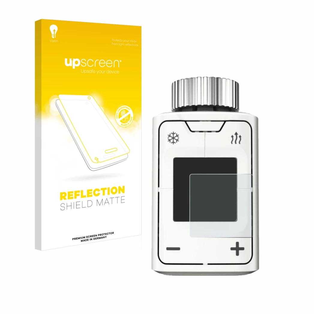 Parte frontal de un envase de producto con el logotipo de la marca upscreen. Al lado se muestra el dispositivo AVM FRITZ!DECT 
