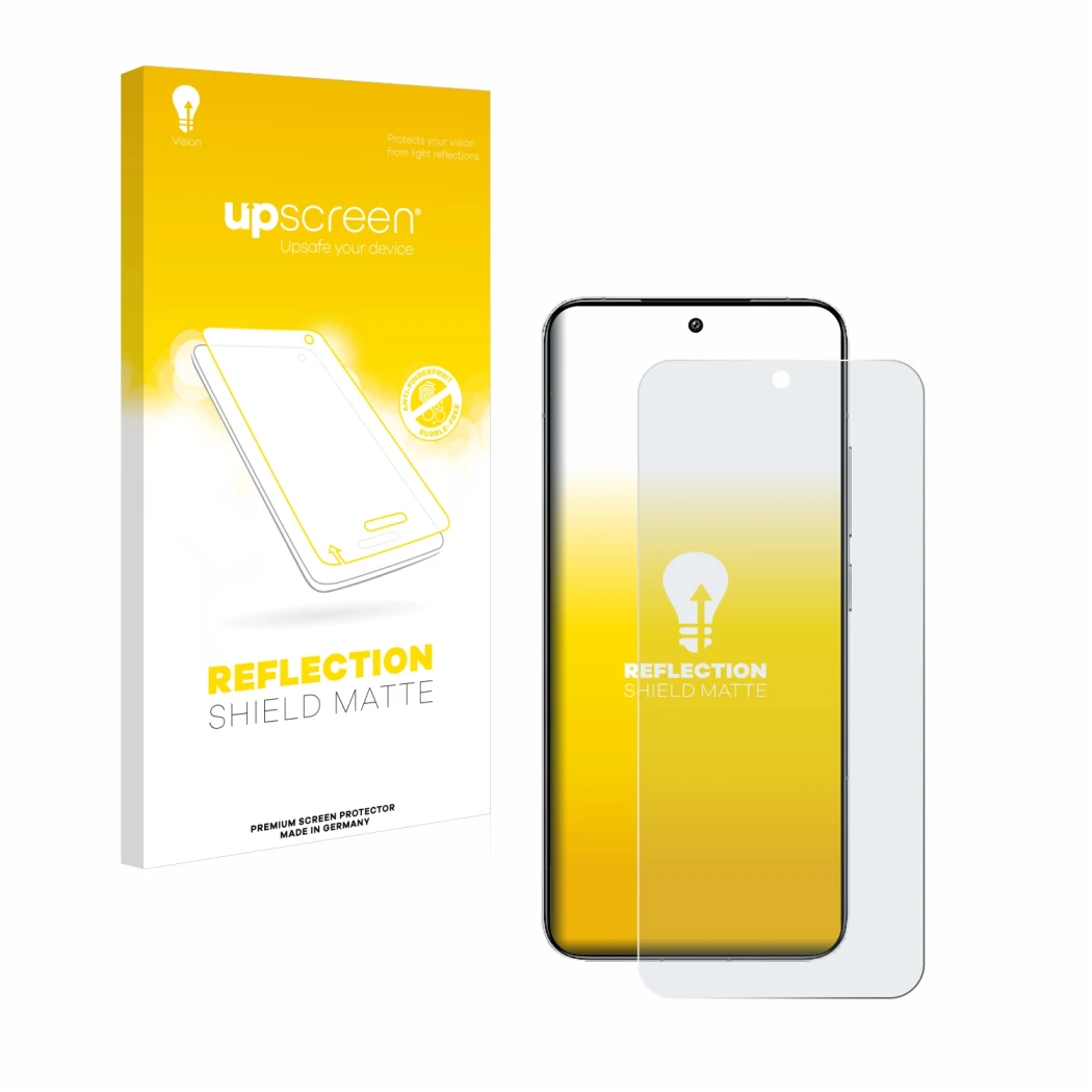 Parte frontal de un envase de producto con el logotipo de la marca upscreen. Al lado se muestra el dispositivo Xiaomi 14 con s