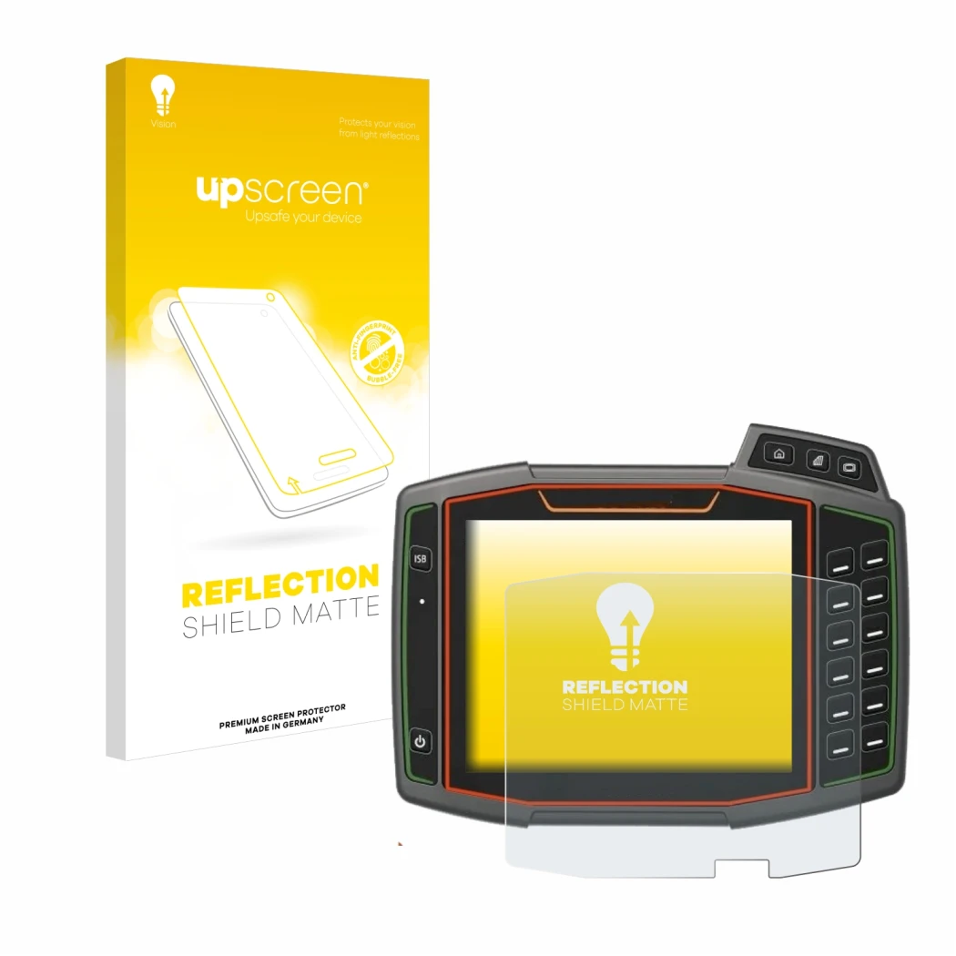 Parte frontal de un envase de producto con el logotipo de la marca upscreen. Al lado se muestra el dispositivo Amazone AmaTron