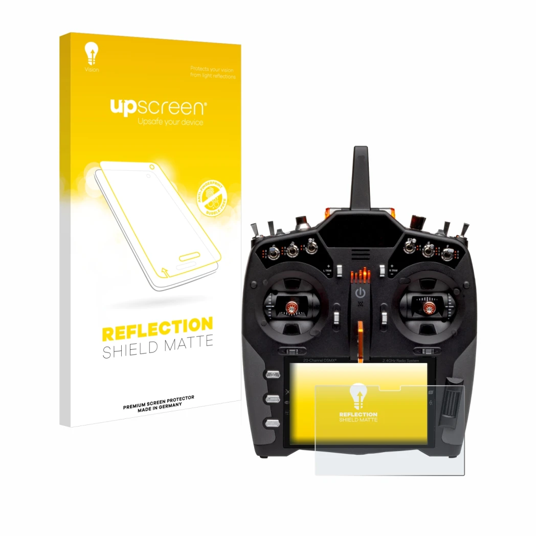 Parte frontal de un envase de producto con el logotipo de la marca upscreen. Al lado se muestra el dispositivo Spektrum NX20 c