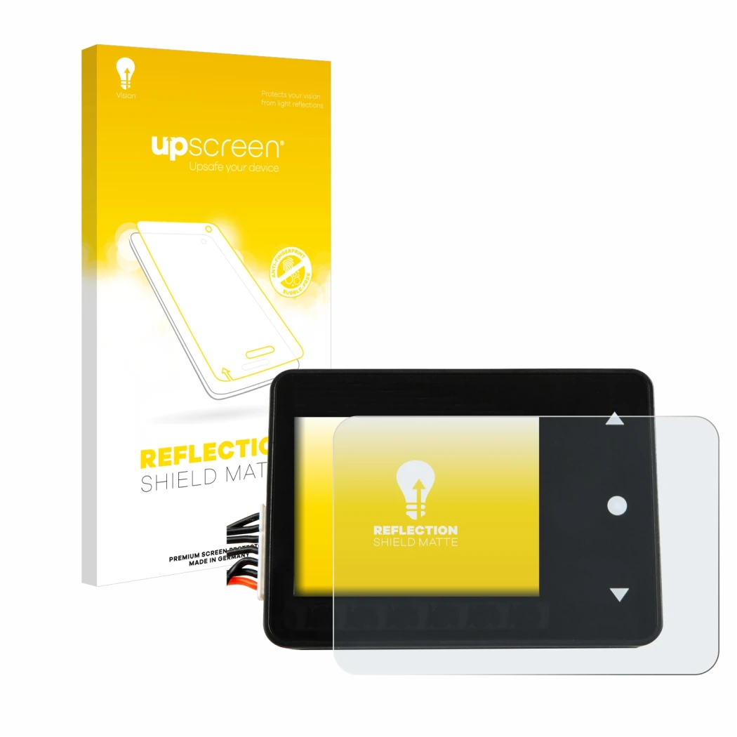 Parte frontal de un envase de producto con el logotipo de la marca upscreen. Al lado se muestra el dispositivo Spektrum Smart