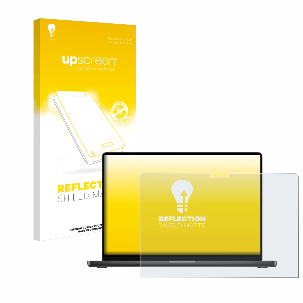 Parte frontal de un envase de producto con el logotipo de la marca upscreen. Al lado se muestra el dispositivo Apple MacBook P