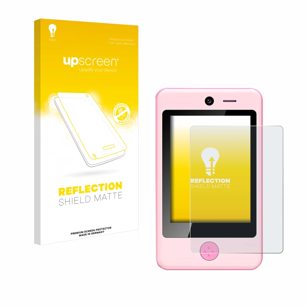 Parte frontal de un envase de producto con el logotipo de la marca upscreen. Al lado se muestra el dispositivo Pthtechus Child