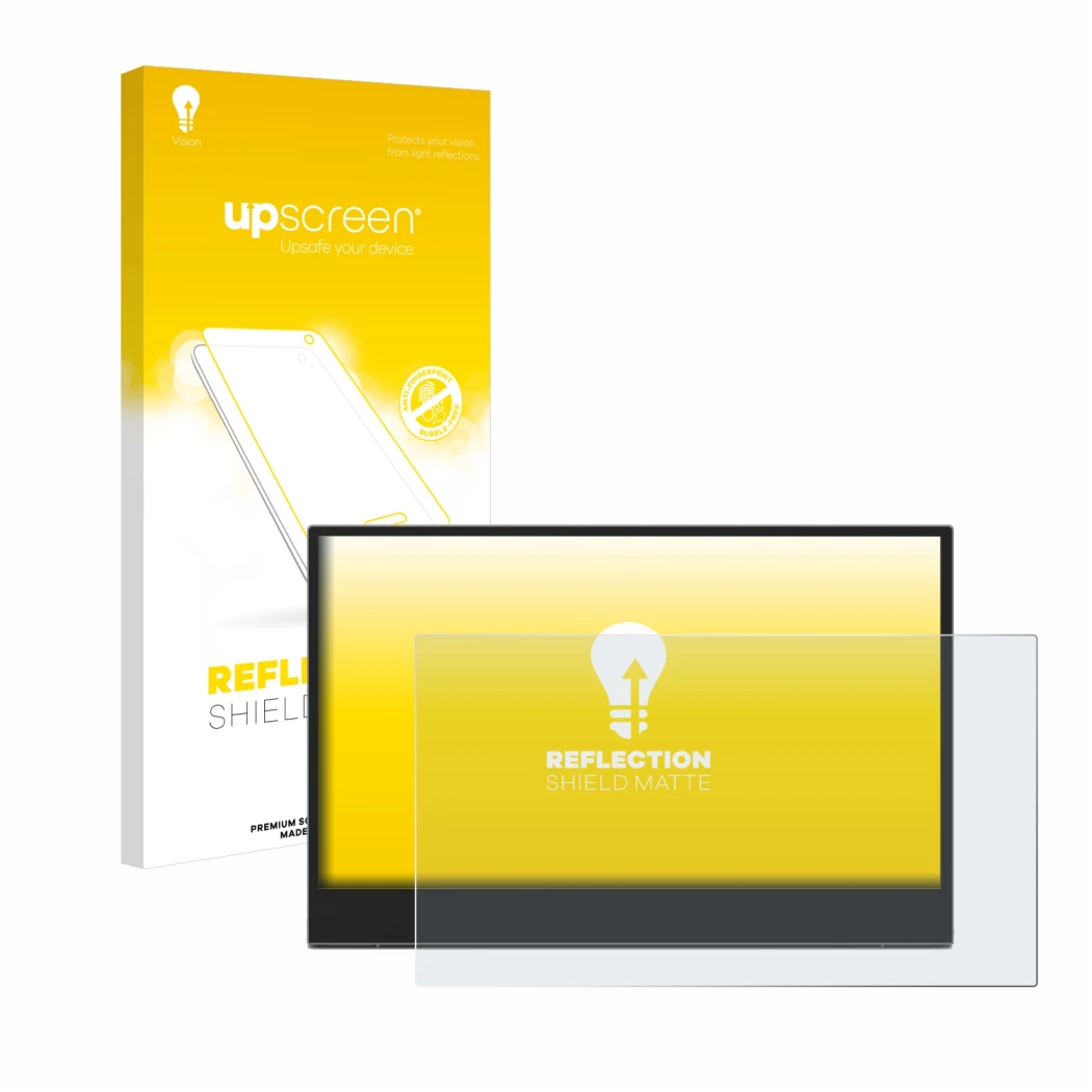 Parte frontal de un envase de producto con el logotipo de la marca upscreen. Al lado se muestra el dispositivo Lenovo L15 (15,