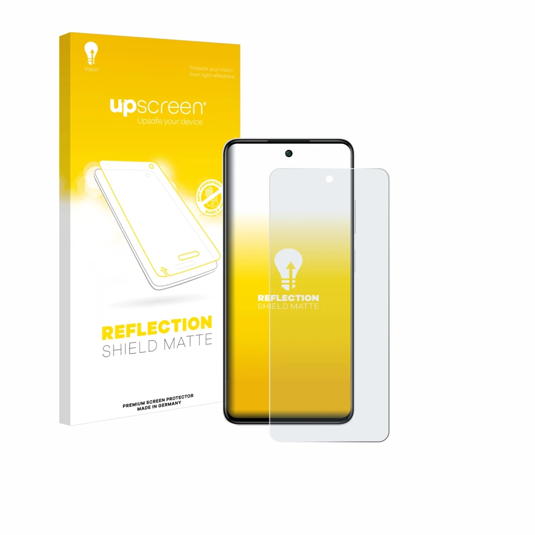 Parte frontal de un envase de producto con el logotipo de la marca upscreen. Al lado se muestra el dispositivo Infinix Smart 8