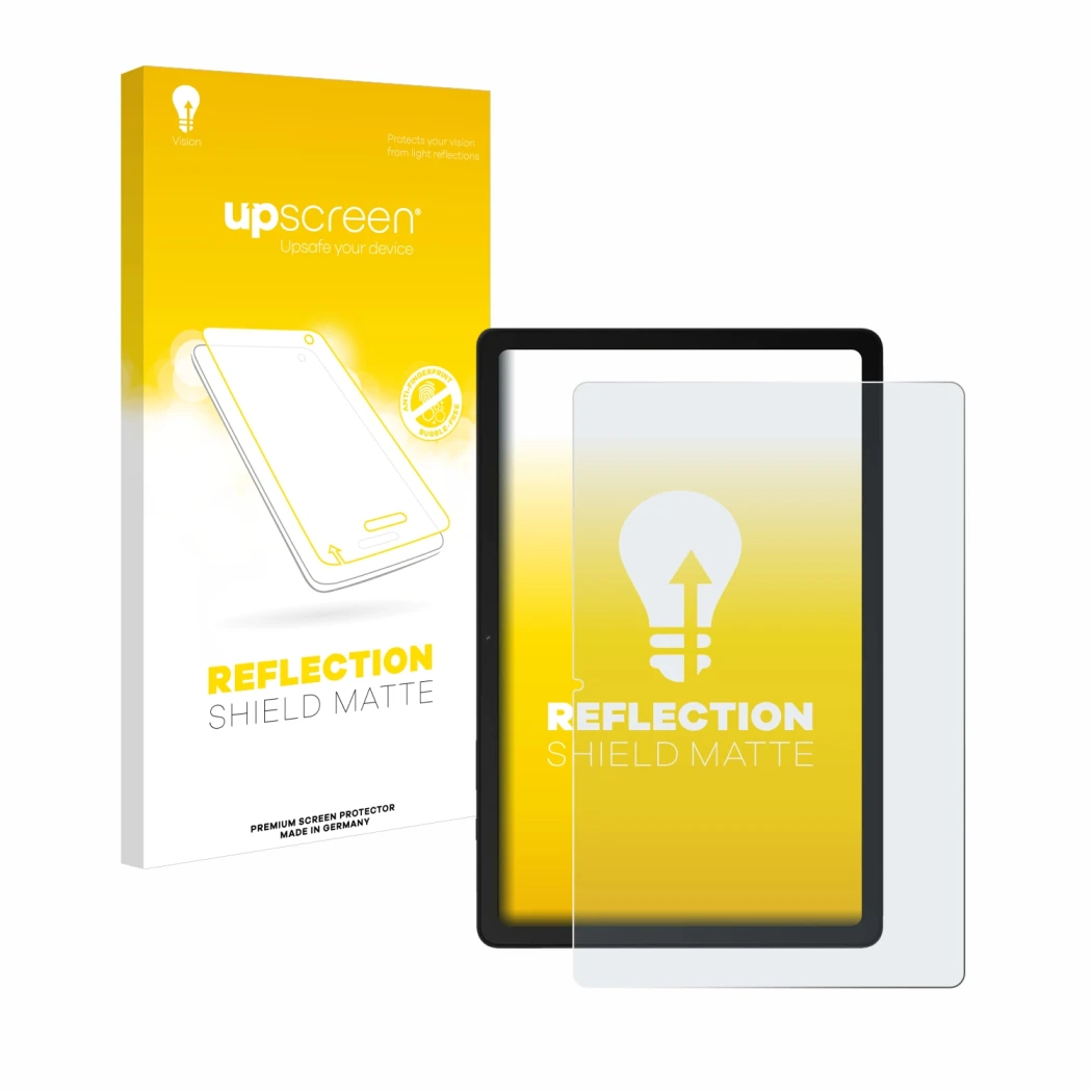 Parte frontal de un envase de producto con el logotipo de la marca upscreen. Al lado se muestra el dispositivo Samsung Galaxy 