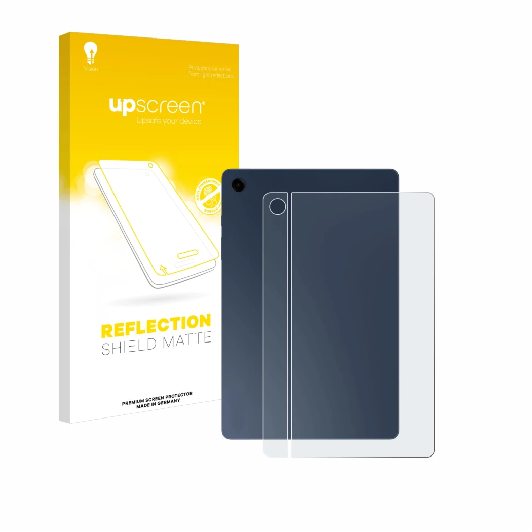 Parte frontal de un envase de producto con el logotipo de la marca upscreen. Al lado se muestra el dispositivo Samsung Galaxy