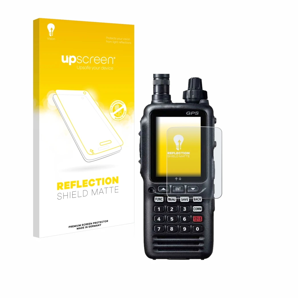 Parte frontal de un envase de producto con el logotipo de la marca upscreen. Al lado se muestra el dispositivo Yaesu FTA-850L