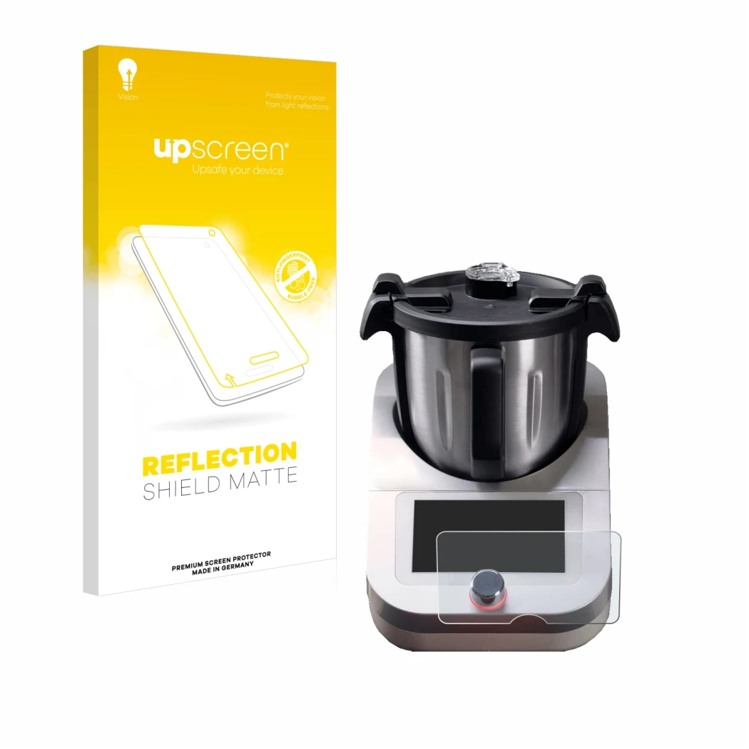 Parte frontal de un envase de producto con el logotipo de la marca upscreen. Al lado se muestra el dispositivo Ufesa TotalChef