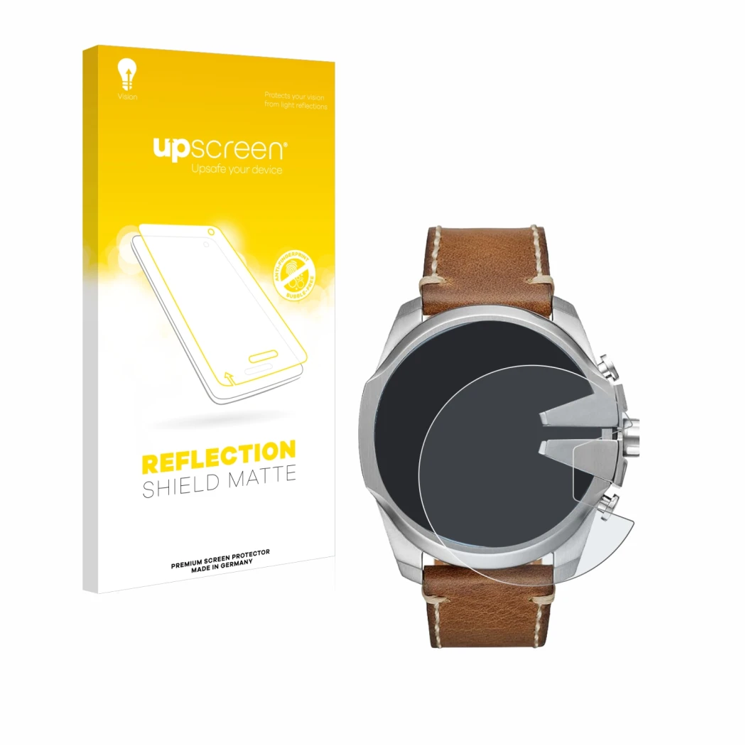 Parte frontal de un envase de producto con el logotipo de la marca upscreen. Al lado se muestra el dispositivo Diesel Mega Chi