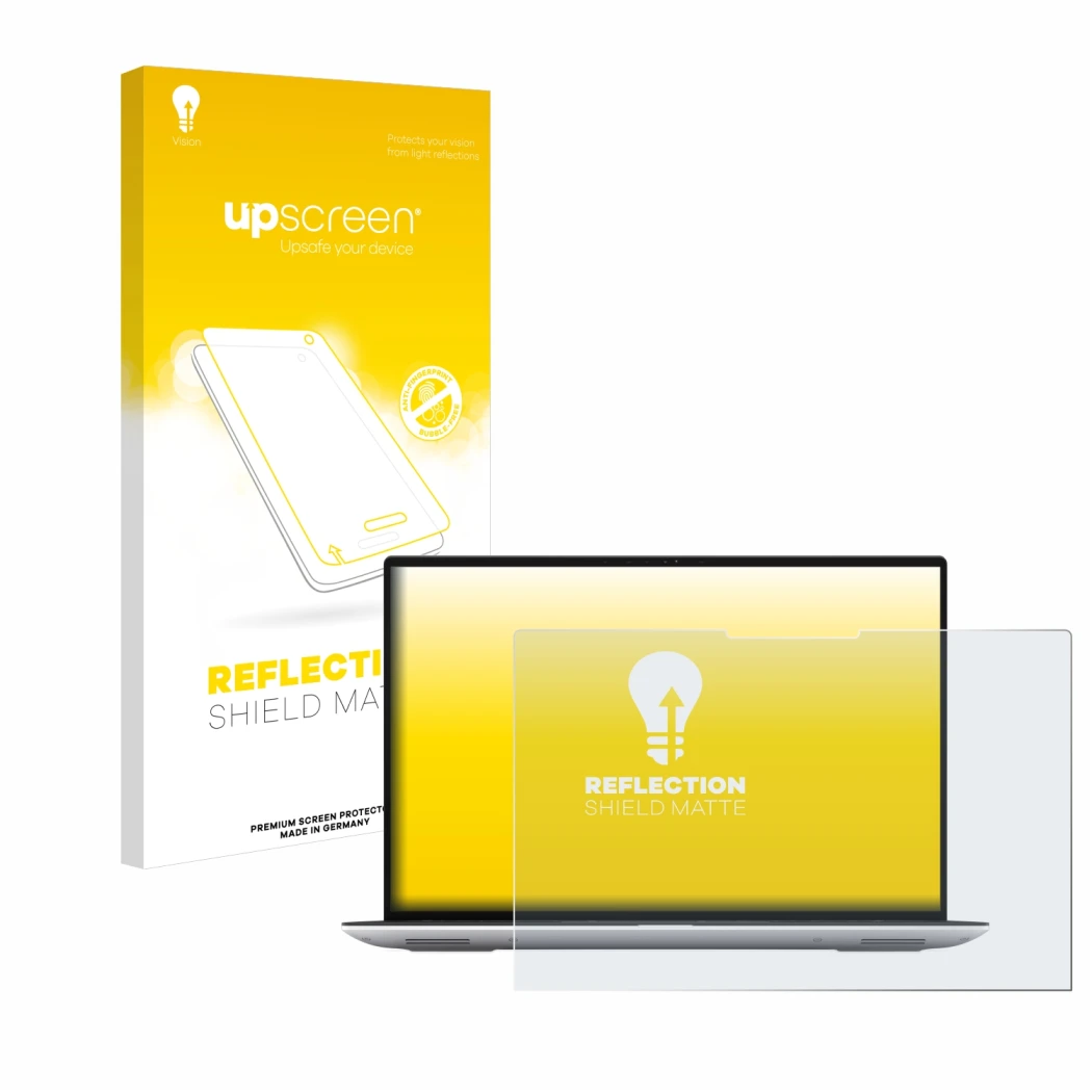 Parte frontal de un envase de producto con el logotipo de la marca upscreen. Al lado se muestra el dispositivo Dell Precision 