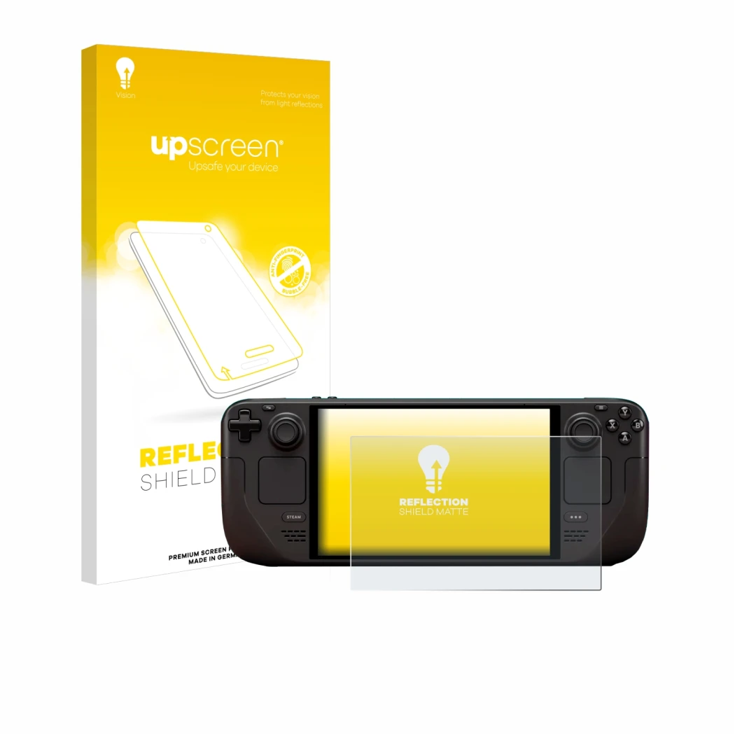 Parte frontal de un envase de producto con el logotipo de la marca upscreen. Al lado se muestra el dispositivo Valve Steam Dec