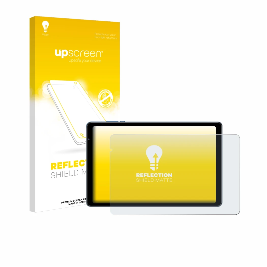Parte frontal de un envase de producto con el logotipo de la marca upscreen. Al lado se muestra el dispositivo Sebbe S22 10.1