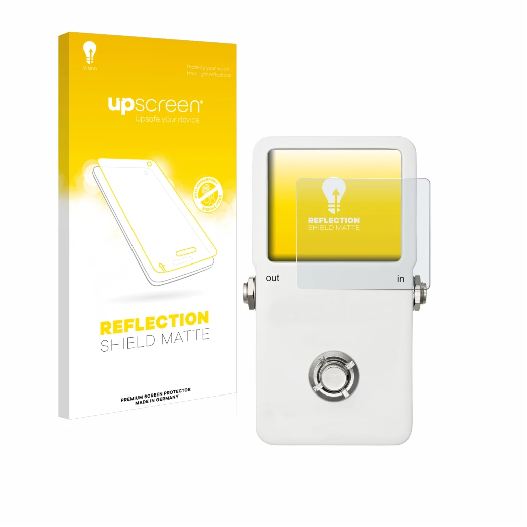 Parte frontal de un envase de producto con el logotipo de la marca upscreen. Al lado se muestra el dispositivo TC Electronic P