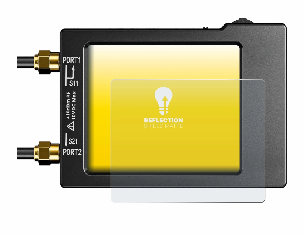 Imagen del dispositivo NanoVNA H (handheld) con una amplia variedad de protectores de pantalla.