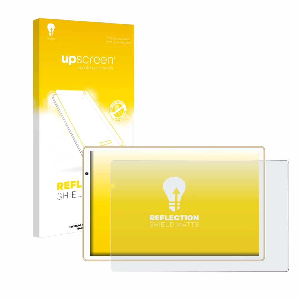Parte frontal de un envase de producto con el logotipo de la marca upscreen. Al lado se muestra el dispositivo Facetel Q3 con 