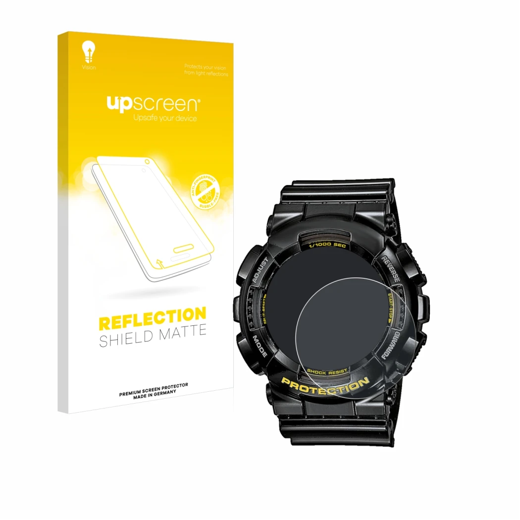 Parte frontal de un envase de producto con el logotipo de la marca upscreen. Al lado se muestra el dispositivo Casio G-Shock G