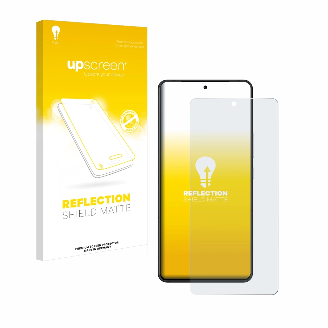 Parte frontal de un envase de producto con el logotipo de la marca upscreen. Al lado se muestra el dispositivo ASUS ROG Phone